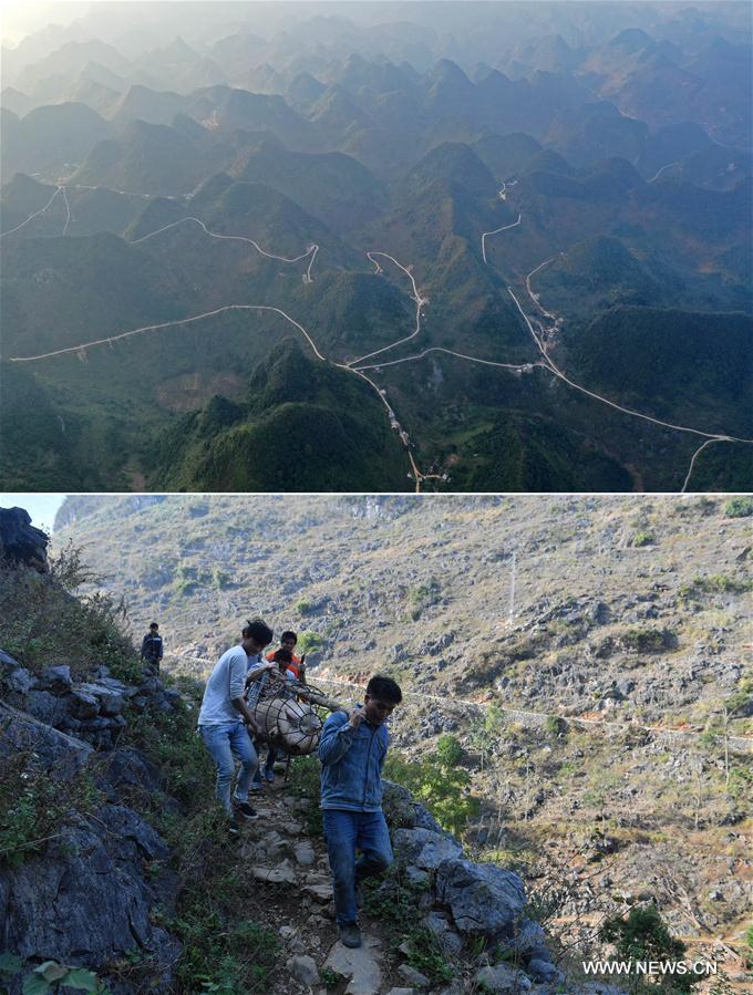 La foto combinada muestra varias monta?as finalizadas (arriba, 10 de noviembre de 2019) y a los aldeanos transportando un cerdo por las monta?as (abajo, 8 de diciembre de 2016) en la aldea Nongxiong del condado autónomo Yao de Dahua, en la región autónoma Zhuang de Guangxi, al sur de China. 