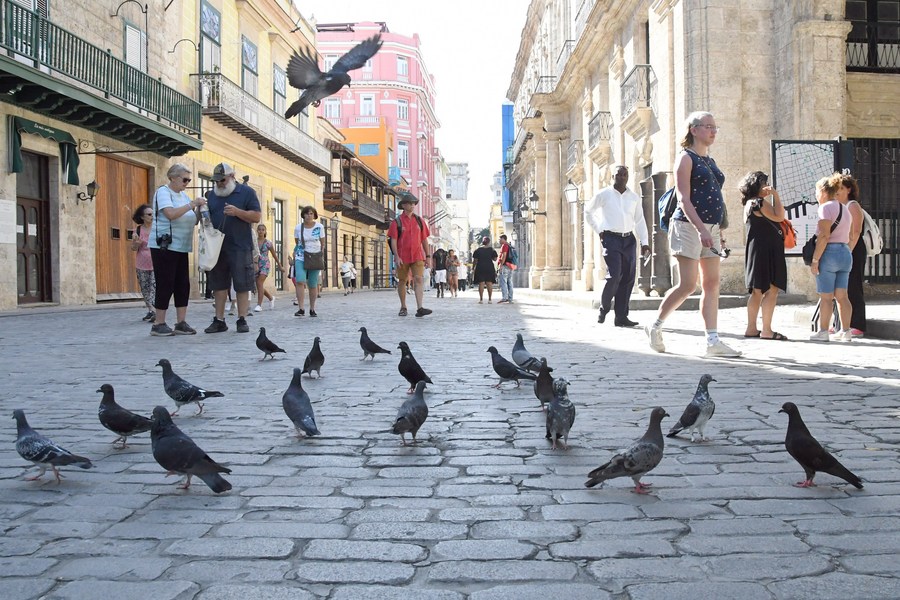 Imagen del 20 de enero de 2023 de turistas extranjeros caminando frente a una bandada de palomas en una plaza, en La Habana, capital de Cuba. Los cubanos esperan que este a?o más turistas chinos arriben al país y puedan ayudar a reanimar el Barrio Chino de La Habana y la economía del país caribe?o. (Xinhua/Joaquín Hernández)