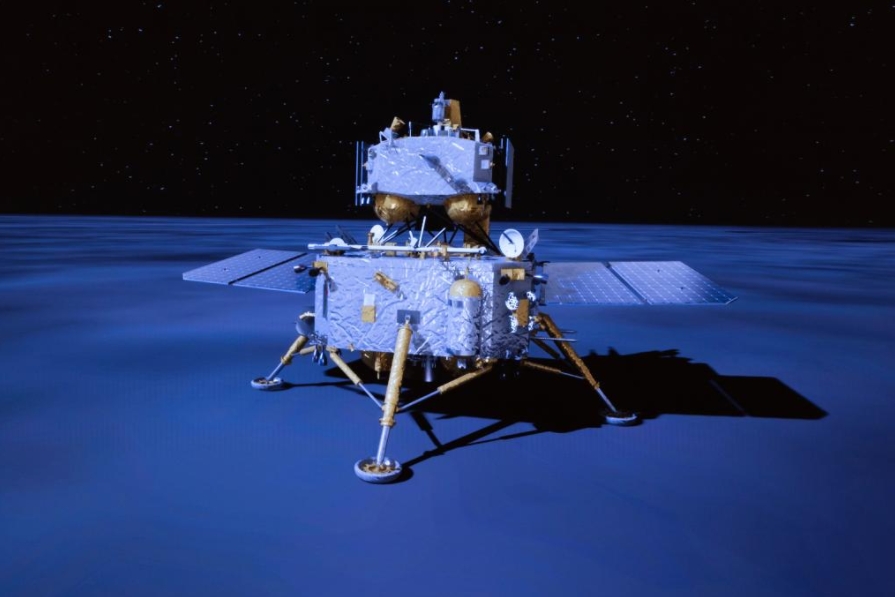 BEIJING, 2 junio, 2024 (Xinhua) -- Imagen tomada de una animación de video en el Centro de Control Aeroespacial de Beijing (BACC, por sus siglas en inglés), el 2 de junio de 2024 de la combinación de módulos de alunizaje y ascenso de la sonda Chang'e-6 alunizando en la cara oculta de la Luna. La sonda Chang'e-6 de China se posó en la cara oculta de la Luna el domingo por la ma?ana, y recogerá muestras de esta zona raramente explorada por primera ocasión en la historia humana, anunció la Administración Nacional del Espacio de China (CNSA, siglas en inglés). Con el apoyo del satélite retransmisor Queqiao-2, la combinación de módulos de alunizaje y ascenso de la sonda Chang'e-6 de China logró posarse con éxito en la zona de alunizaje designada a las 6:23 a.m. (hora de Beijing) en la Cuenca Aitken del Polo Sur. (Xinhua/Jin Liwang)